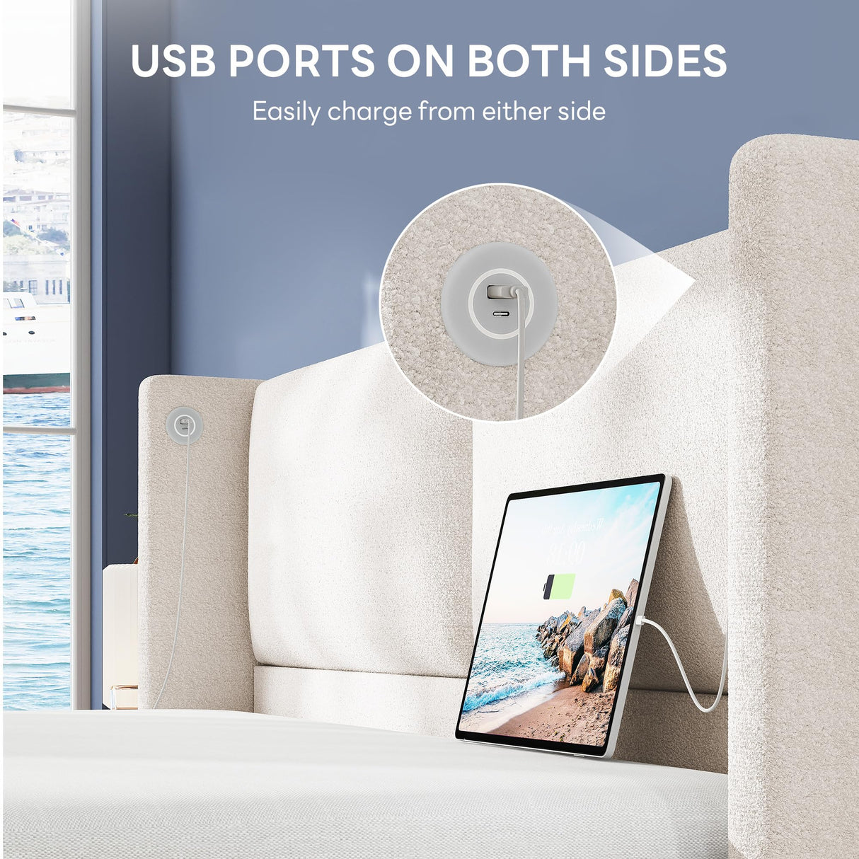 LIKIMIO Queen Bed Frame with Headboard, Upholstered Bed Frames with USB Ports, Base Cama Bed Frame No Box Spring Needed, Cream White LIKIMIO