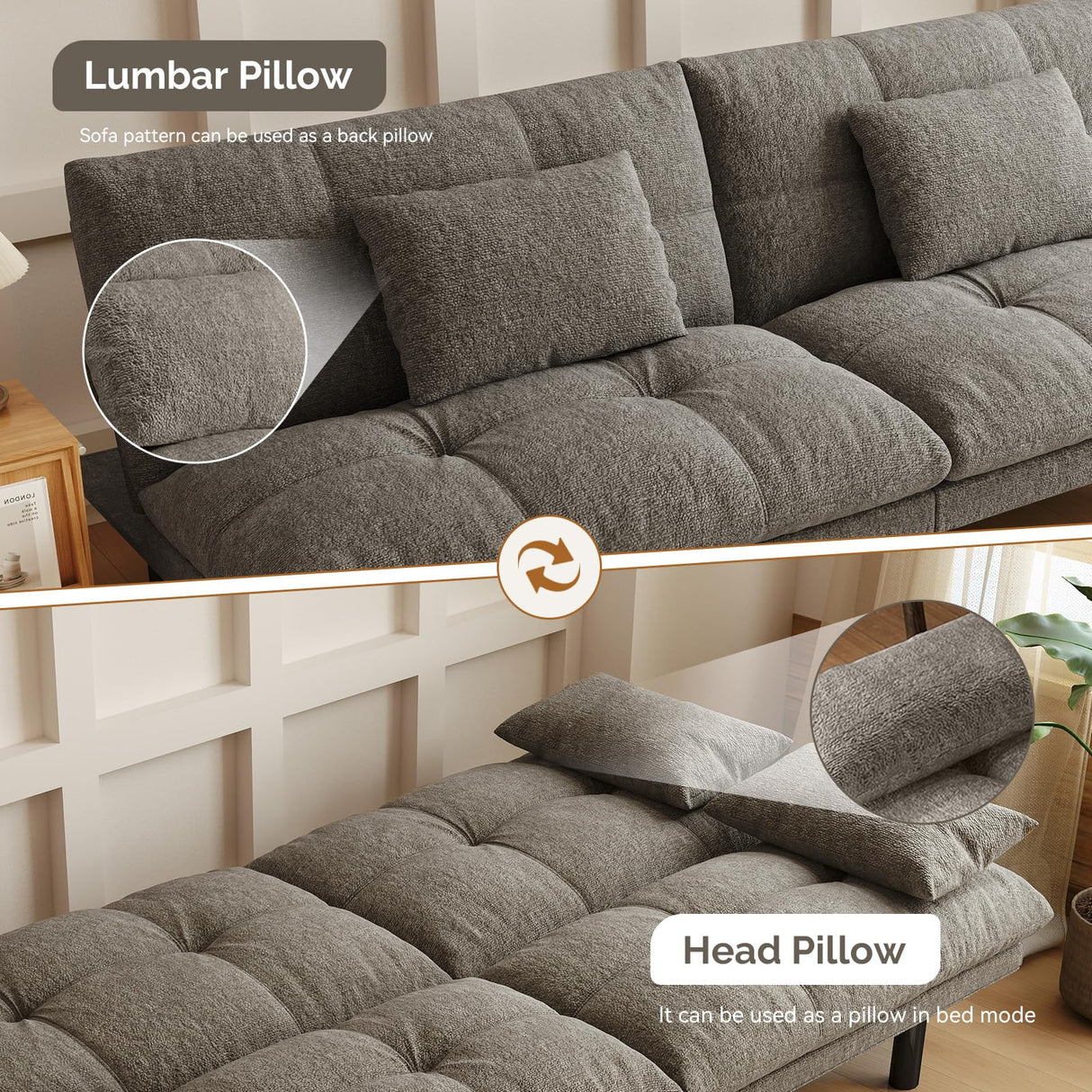 homeokay Futon Sofa Bed Convertible 70 inch Solid Wood Couch for Living Room, Chenille Fabric, 2 Cushions (Gray) homeokay