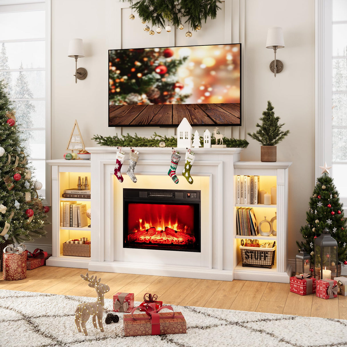 72" Electric Fireplace with Mantel,White TV Stand with Fireplace,Modern Entertainment Center with LED Lights for Bedroom Living Room BLANKSPACE