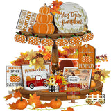 Thanksgiving Tiered Tray Decor Set Pumpkin Home Decorations Rustic Farmhouse Truck Wooden Sign Spice Blocks Autumn Sign for Festival Gift Tabletop (Pumpkin) LWuuywa