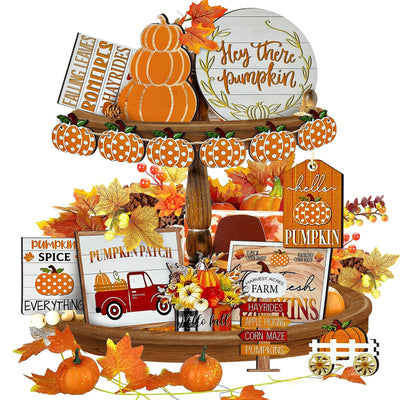 Thanksgiving Tiered Tray Decor Set Pumpkin Home Decorations Rustic Farmhouse Truck Wooden Sign Spice Blocks Autumn Sign for Festival Gift Tabletop (Pumpkin)