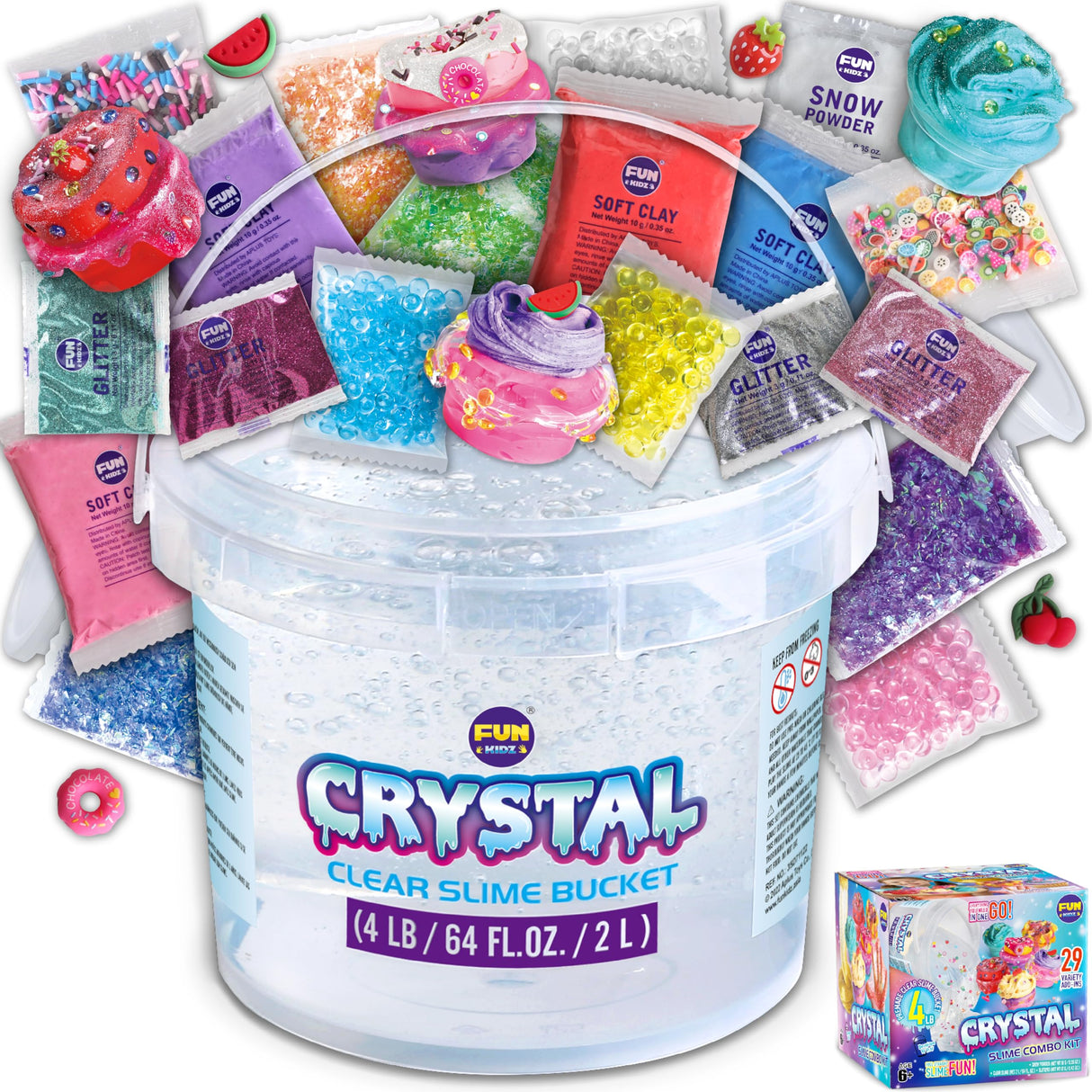 4 LB Huge Glassy Clear Slime Bucket Toy for Kids, FunKidz 64 FL OZ Premade Big Crystal Slime Pack Gift with 29 Sets Add-ins Jumbo Slime Kit for Girls Boys Party Present FUN KIDZ