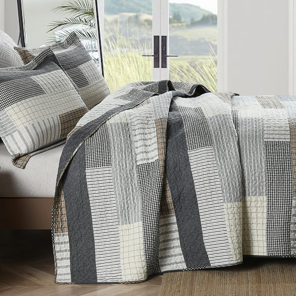 DUOHONG Quilts King Size, King Quilt Bedding Set Bedspread, 100% Cotton Patchwork Quilt for King Bed, 3 Pieces Plaid Farmhouse Reversible Lightweight Comforter Bed Spread, Grey/Tan/Black DUOHONG