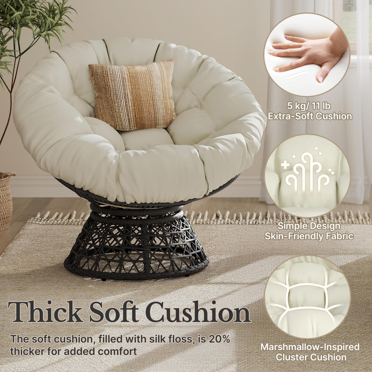 Yaheetech Indoor Papasan Chairs with Thick Tufted Cushions and Frame, Swivel Wicker Ergonomic Lounge Reading Chairs for Living Room/Bedroom, Beige Yaheetech