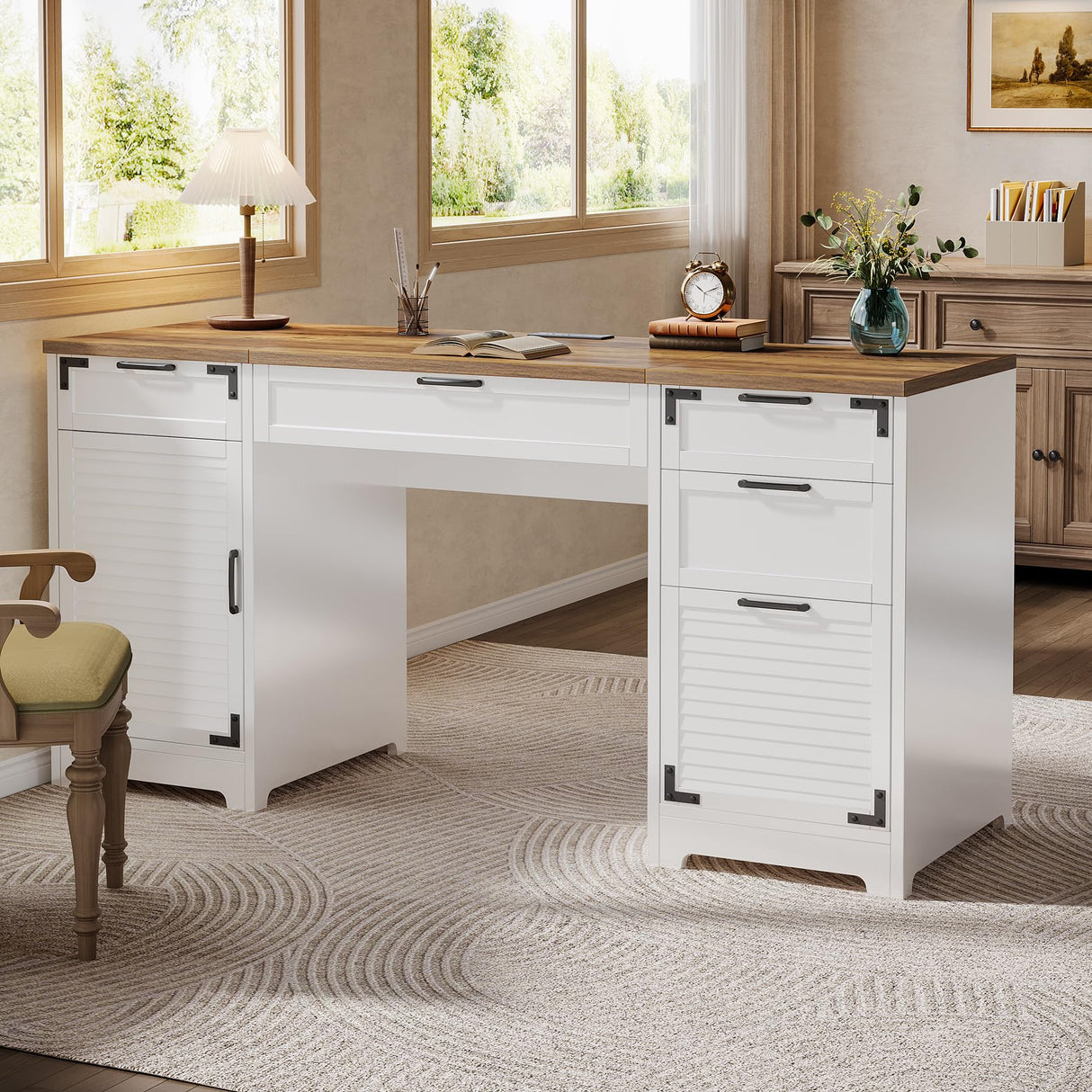 Tribesigns 59" Farmhouse Executive Desk, Computer Office Desk with File Drawers, Charging Station and Storage Cabinet, Wooden Rustic Writing Study Table for Home Office, White Tribesigns
