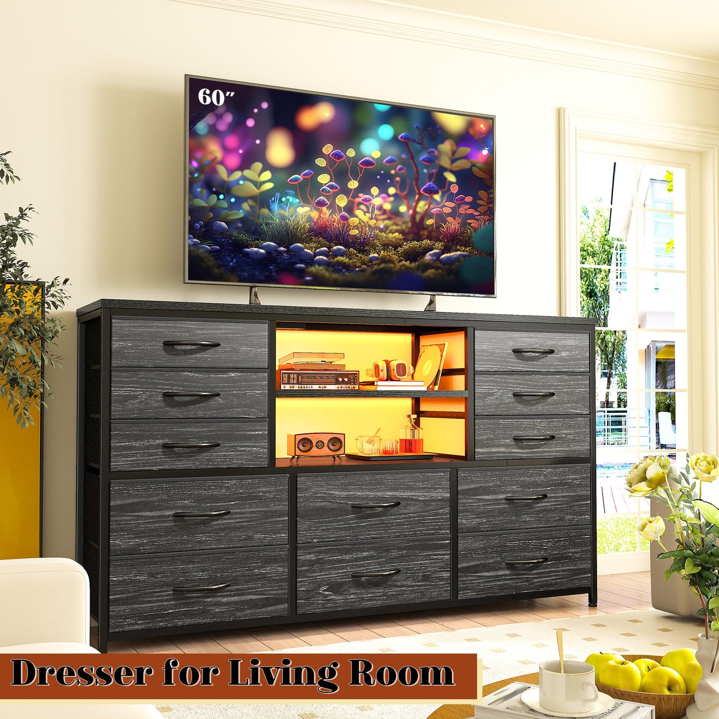 EnHomee Black Dresser with LED Lights & Power Outlets, 12 Drawers Dresser TV Stand for 60''TV for Bedroom Dresser Fabric Dressers & Chest of Drawers, Sturdy Long Dresser for Closet Living Room,Hallway