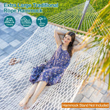 JoyView Traditional Rope Double Hammock - Hand Woven Cotton Hammock with Hardwood Spreader Bar and Pillow 450lb Capacity for Outdoor Indoor Patio Yard - Brown JoyView