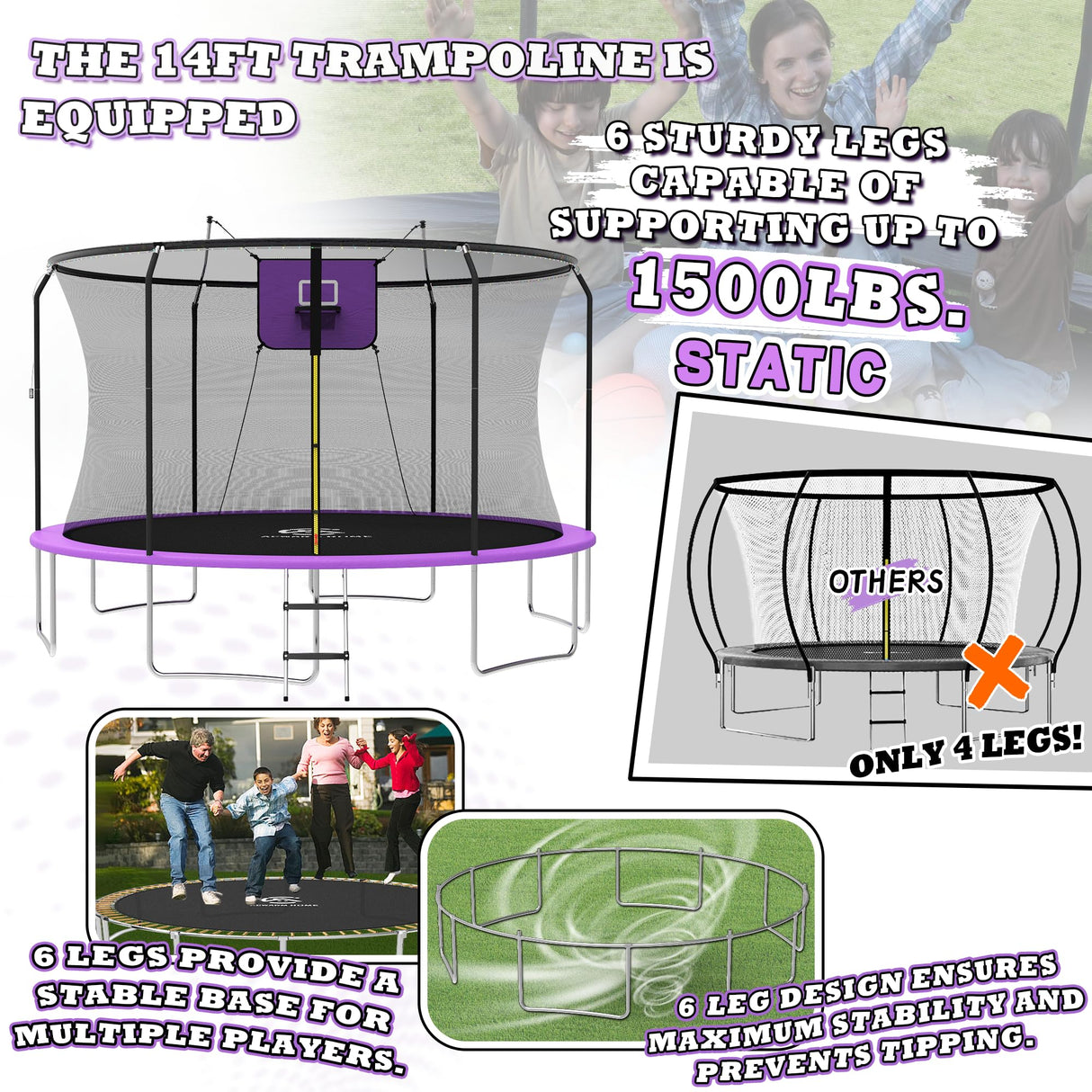 ACWARM HOME 14 FT Trampoline for Kids and Adults, Trampolines with Basketball Hoop and LED Lights,Trampoline Outdoor with Net, ASTM Approved, Purple ACWARM HOME