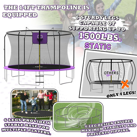 ACWARM HOME 14 FT Trampoline for Kids and Adults, Trampolines with Basketball Hoop and LED Lights,Trampoline Outdoor with Net, ASTM Approved, Purple ACWARM HOME
