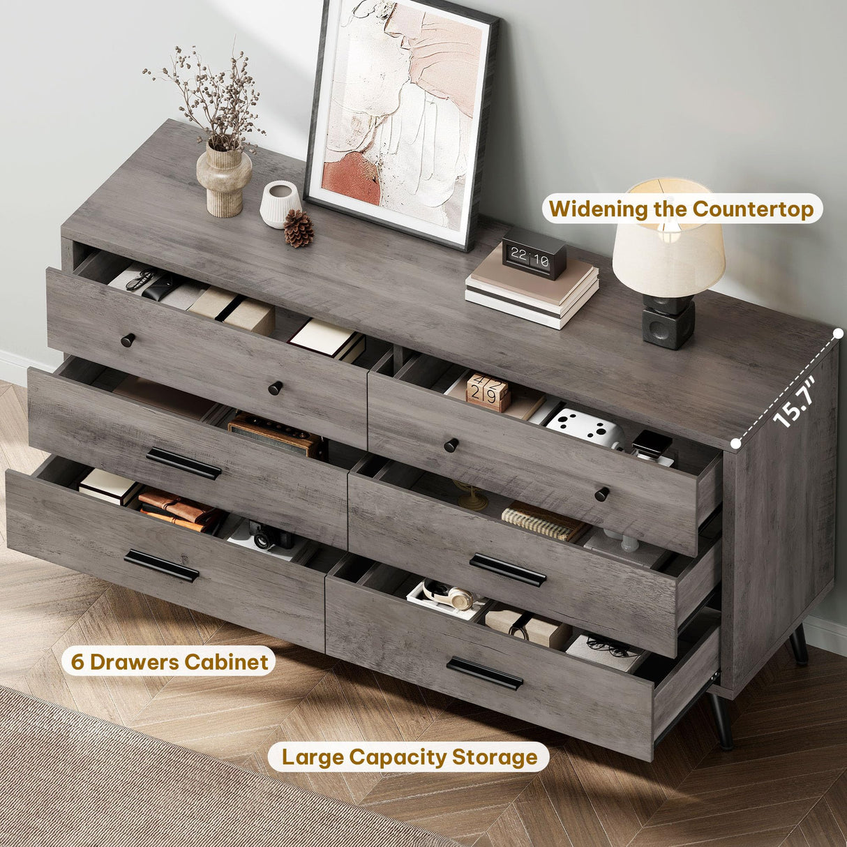 DWVO Grey 6 Drawers Dresser/Modern Wood Chest of Drawers with Black Metal Handle＆Anti-Tipping Device/Modern Double Dresser Storage Cabinet for Entryway/Living Room-15.7" Dx55.1 Wx31.1 H DWVO
