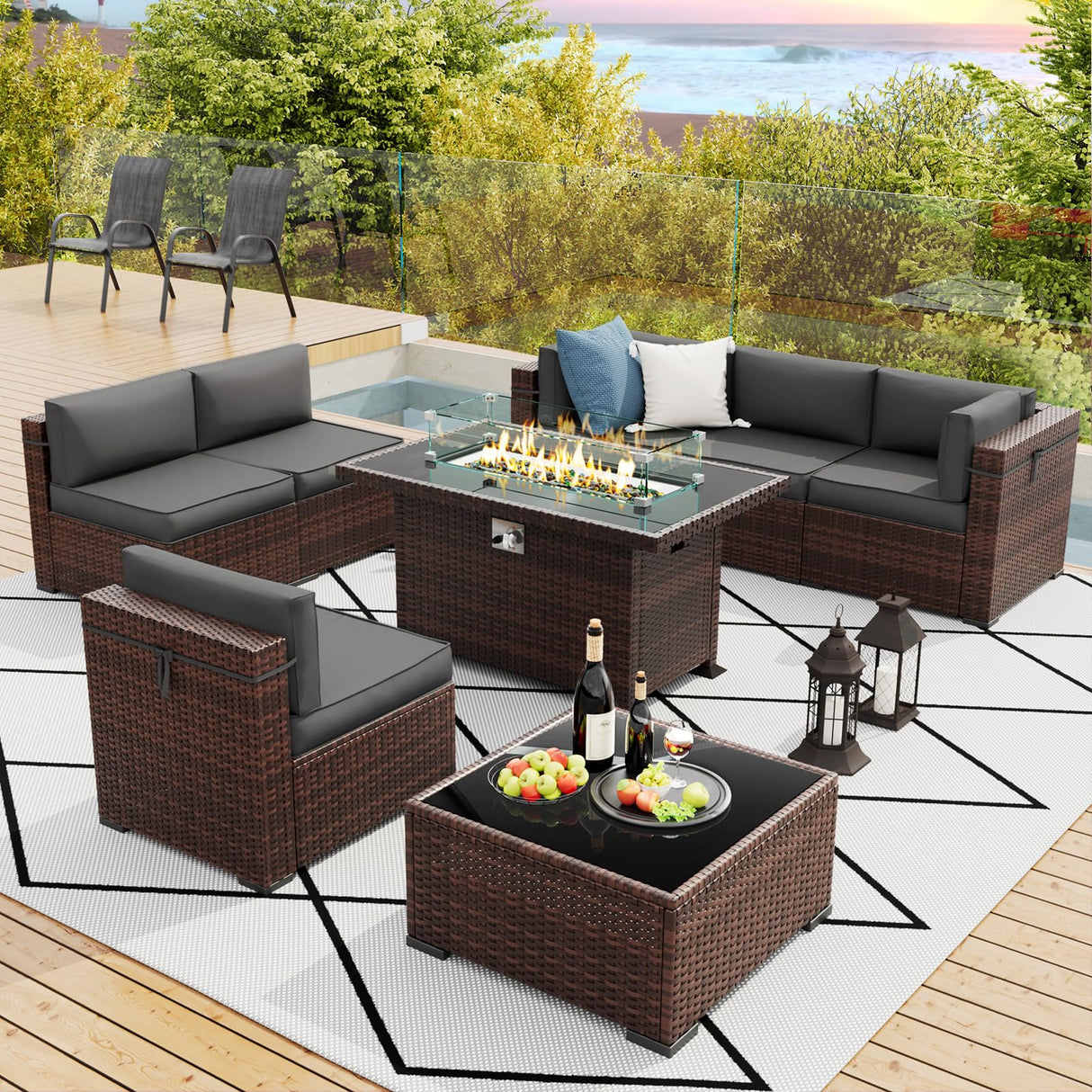 Amopatio 8 Pieces Patio Furniture Set Outdoor with Gas Fire Pit Table, PE Wicker Pit Conversation Set, 44" Gas Fire Patio Sectional Furniture with Grey Cushions, Coffee Table, Waterproof Covers Amopatio