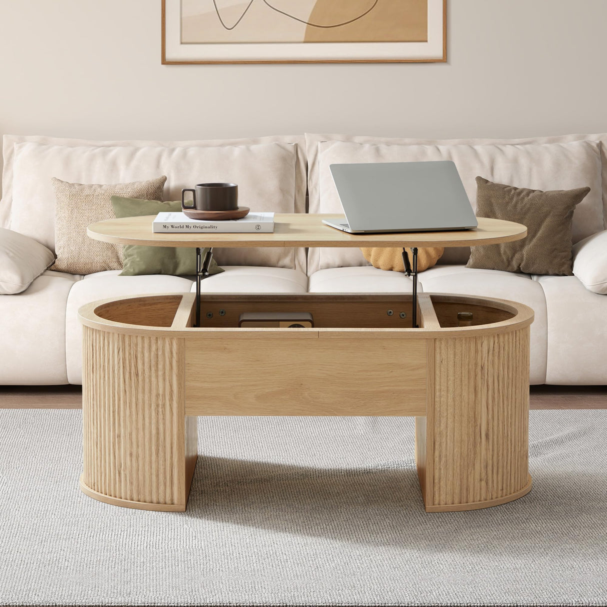 QHITTY Fluted Coffee Table with Lifting Top, Oval Wood Lift Top Coffee Table with Hidden Compartment, Mid Century Pull up Center Tables for Living Room, Office - Natural QHITTY