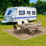RV Outdoor Rug with Lights 8x10ft, Outdoor Camping Rug, Waterproof, Easy Cleaning, Non Shedding, Foldable and Portable, Reversible Mats for RV, Deck, Beach, Camping, Patio, Picnic (Brown & White) Pafolo