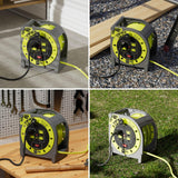 Masterplug 40ft Case Cord Reel, Retractable Extension Lead with Winding Handle, Safety Overload Circuit Breaker and Power Switch, 4x Grounded Outlets, 13amps, 14AWG Cable Masterplug