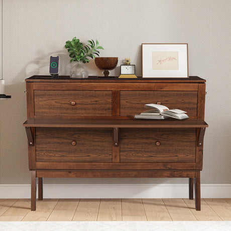 DNChuan Full Size Murphy Cabinet Bed with Desk Combo and USB-Port, Horizontal Murphy Chest Foldable Bed with 2 Removable Storage Shelves, Space Saving for Guest Room, Walnut DNChuan