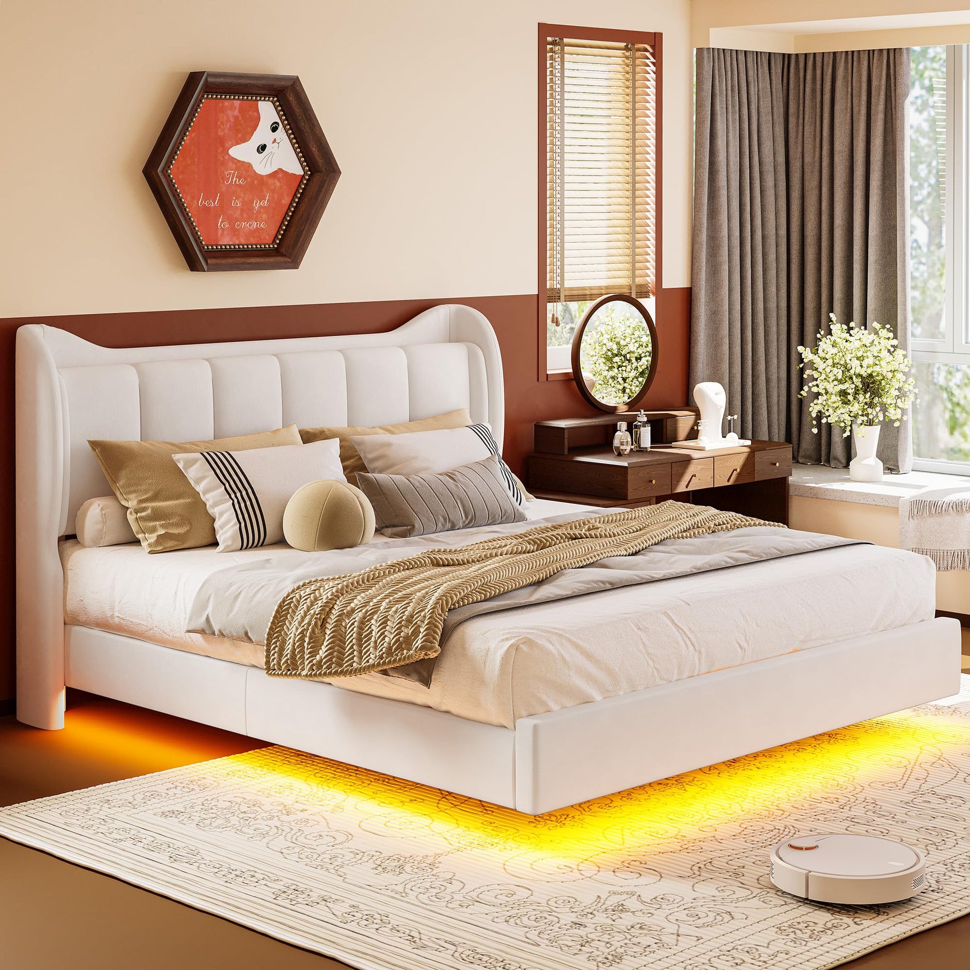 LIKIMIO Cream Floating King Bed Frame with Cat Ear Headboard & LED Lights - WoodArtSupply