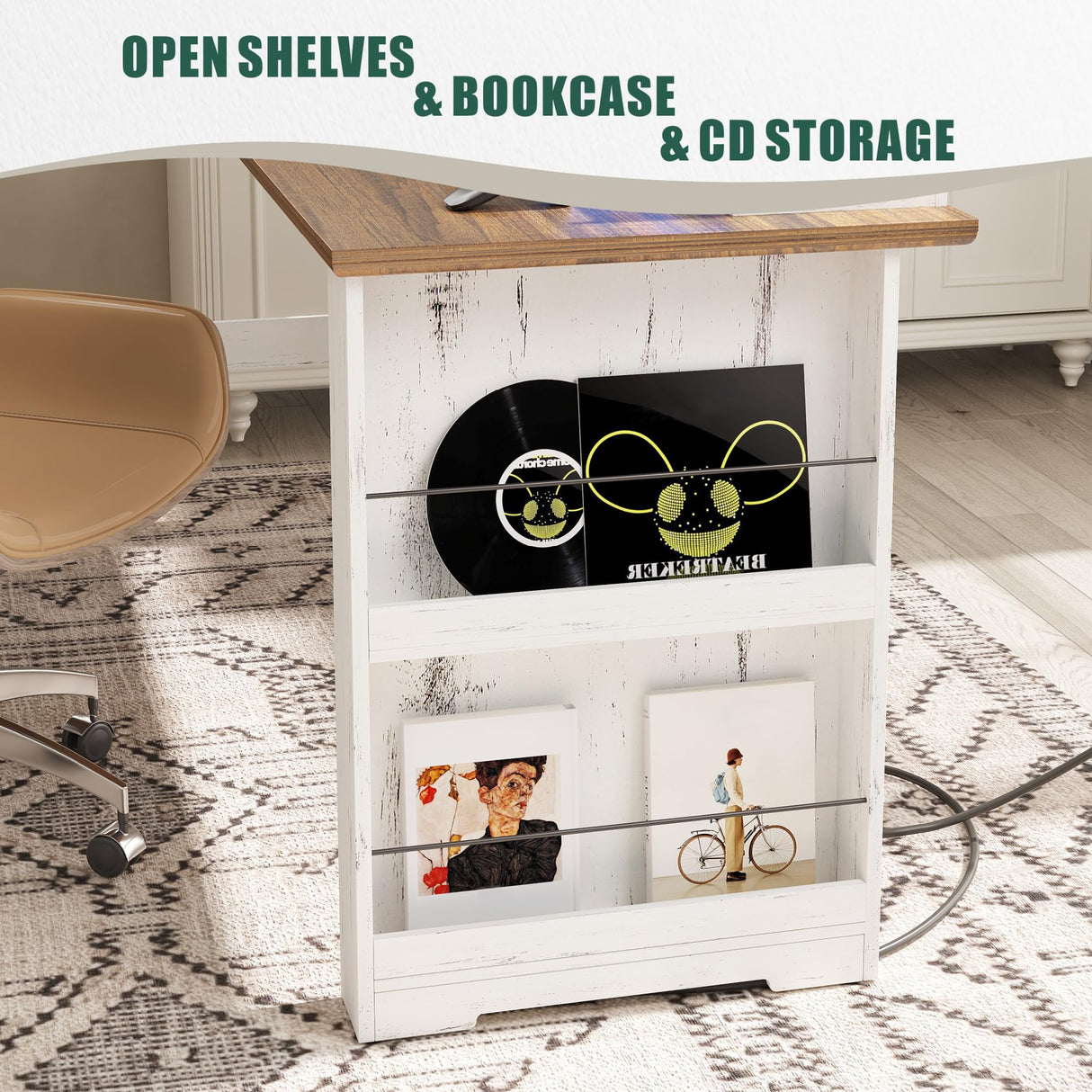 Lareth L Shaped Desk with Monitor Stand Farmhouse Computer Desk with Led Light and Power Outlet, Executive Desk for Home Office Room Workstation with File Cabinet for Working Gaming, Antique White Lareth