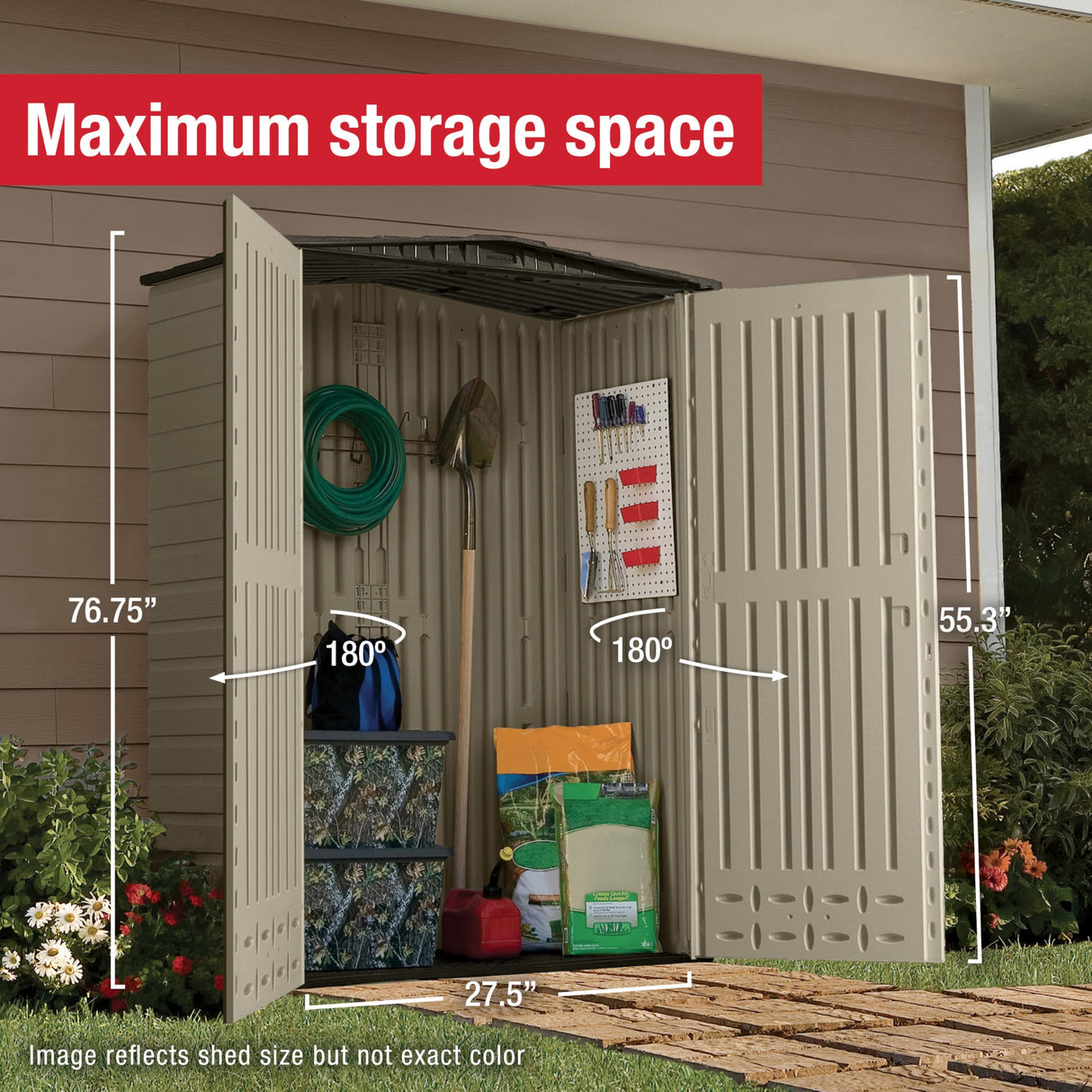 Rubbermaid Small Vertical Resin Outdoor Storage Shed With Floor (2.3 x 4.6 Ft), Weather Resistant, Beige/Brown, Organization for Home/Backyard/Pool Chemicals/Toys/Garden Tools/Porch/Patio Cushions Rubbermaid