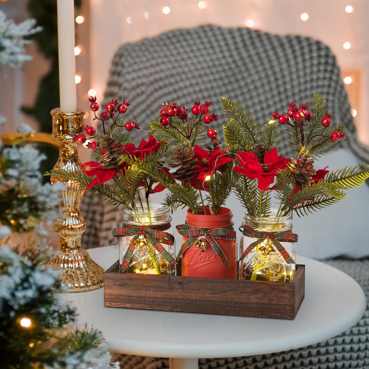 DUOER 3 Pcs Mason Jar Centerpiece Decorations for Christmas Table Decor Farmhouse Coffee Table Decor Christmas Kitchen and Room Decor,Red DUOER