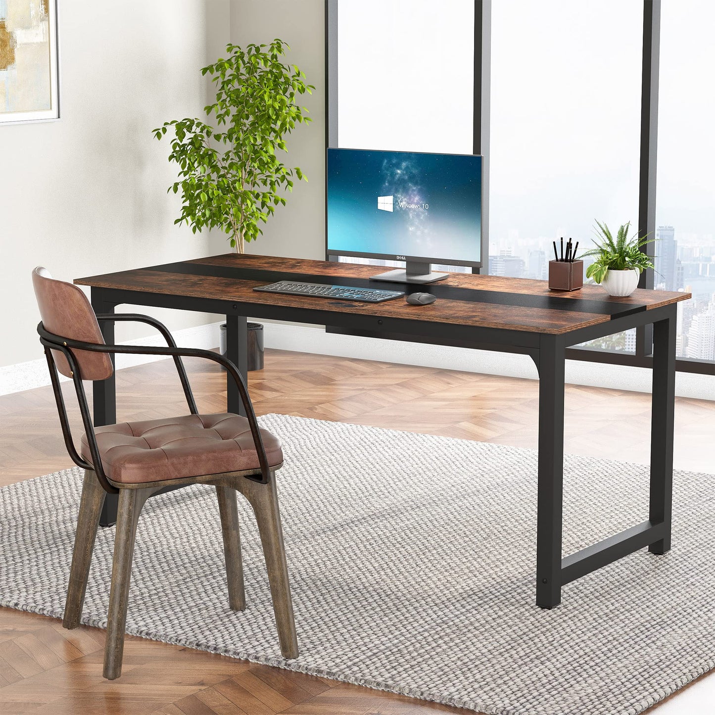 Tribesigns Modern Computer Desk, 70.8 x 31.5 inch Large Office Desk Computer Table Study Writing Desk Workstation for Home Office, Rustic/Black - WoodArtSupply