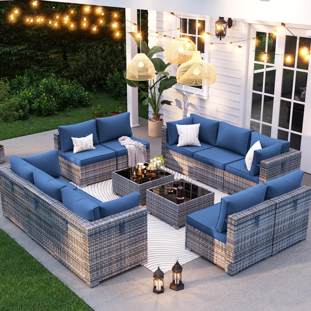 VONZOY Patio Furniture Set, 12-Piece Outdoor Sectional with Free Cover, All-Weather Wicker Patio Conversation Sets for Backyard (Grey with Navy Cushion) VONZOY