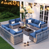 VONZOY Patio Furniture Set, 12-Piece Outdoor Sectional with Free Cover, All-Weather Wicker Patio Conversation Sets for Backyard (Grey with Navy Cushion) VONZOY
