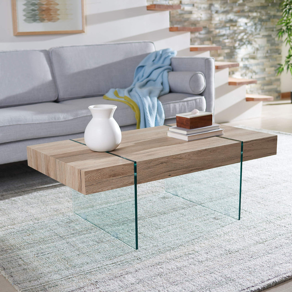 SAFAVIEH Home Collection – Jacob Natural Rectangular Floating Coffee Table with Glass Legs, Modern Architectural Design (COF7001C) SAFAVIEH