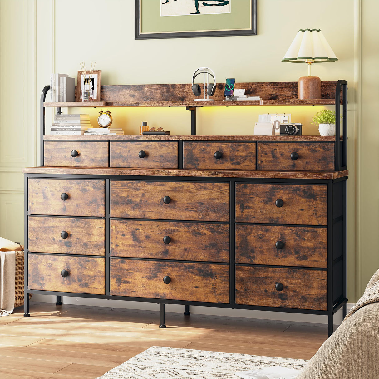 EnHomee 51.2" W Dresser for Bedroom with LED Lights, 13 Drawer Dresser for Bedroom, Long Dressers & Chests of Drawers with Shelves, Large Fabric Dresser for Closet Hallway, Rustic Brown EnHomee