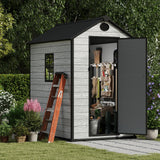 EHHLY 4.4x6 FT Resin Outdoor Storage Shed Large, 230 Cuft Garden Tool Sheds & Outdoor Storage Plastic Shed with Floor, 7FT Tall Backyard Outside Lawn Mower Storage Shed with Side Window, Cemented Grey EHHLY