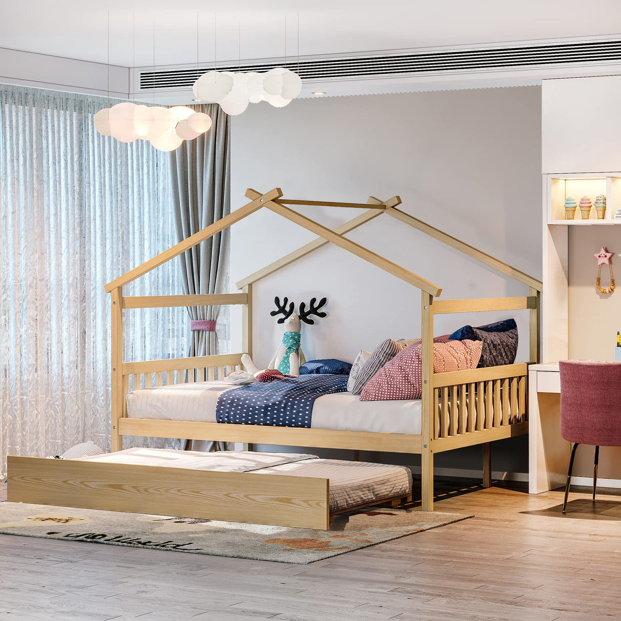 Merax Full Size Wooden House Bed with Trundle, Wood Bed Frame with Roof for Kids, Teens, Boys or Girls, Natural Merax
