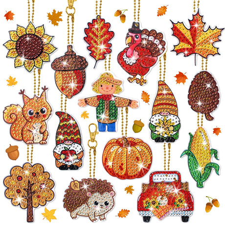 Whaline 15Pcs Fall Diamond Drawing Keychain Kit Autumn Gnome Animal Plants Fall 5D DIY Diamond Art Ornaments Rhinestone Mosaic Making Full Drill Diamond Key Chain for Kids Crafts Gifts Party Supplies Whaline