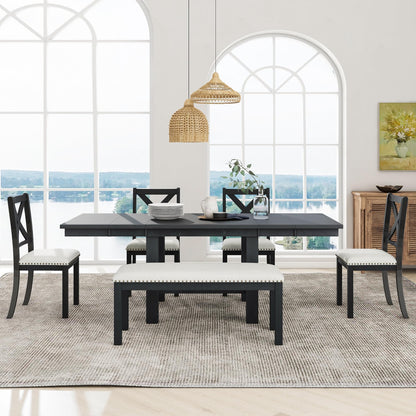 Harper & Bright Designs 6Pcs Dining Set, Farmhouse 82" Extendable Dining Table with Footrest, 4 Upholstered Chairs and Bench, 2 Removable Leaf, Solid Wood Kitchen Table Set, Black+Beige