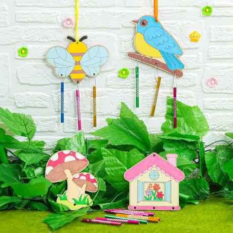 12 Pack Wind Chime Kit for Kids Make Your Own Wind Chime DIY Wood Arts and Crafts Decorative Coloring Wooden Hanging Ornaments for Girls Boys Home School Activity Party Supplies(Spring Flower Animal) TREACLUB