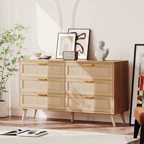 Rovaurx 6 Drawer Double Dresser for Bedroom, Rattan Chest of Dressers, Modern Wooden Dresser Chest with Golden Handles, Beside Table for Closet, Living Room and Entryway, Natural RDG001M Rovaurx