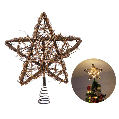 Joiedomi 10 Inch Christmas Tree Toppers, 50 LED Rustic Rattan Star Tree Topper Lighted with Lights for Xmas Tree Decorations, Holiday Party Indoor Decor