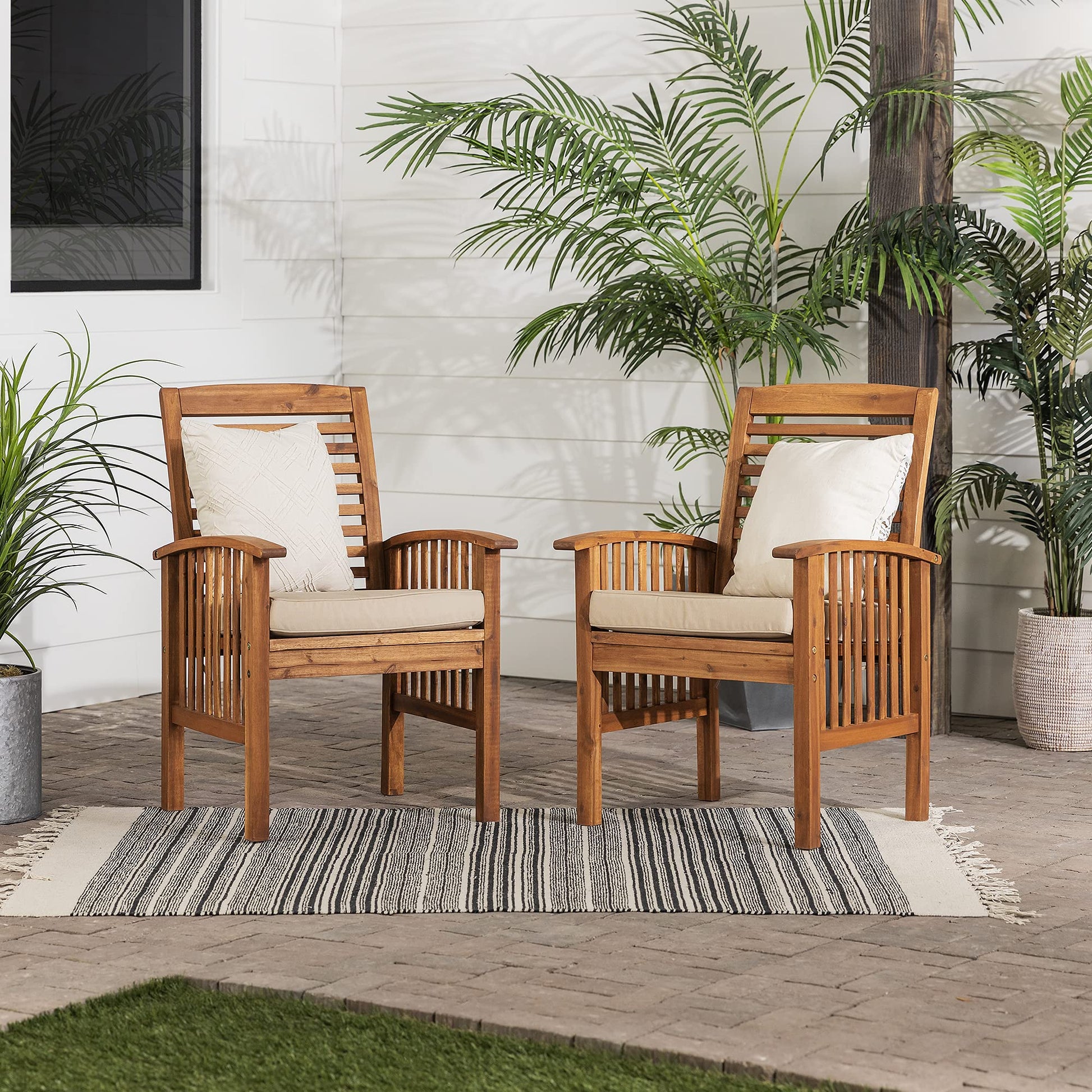 Walker Edison Rendezvous Modern 2 Piece Solid Acacia Wood Slat Back Outdoor Dining Chairs, Set of 2, Brown - WoodArtSupply