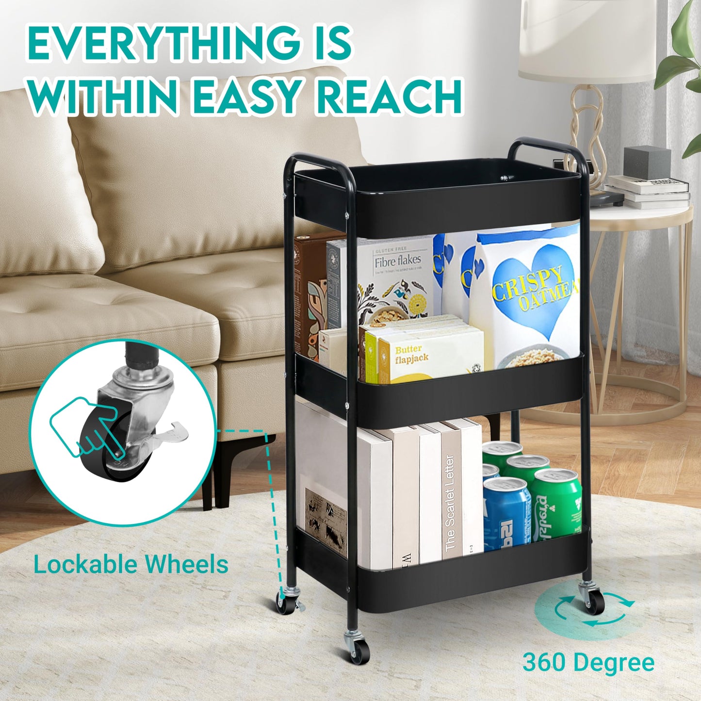 ZOES HOMEWARE 3 Tier Rolling Cart, Metal Utility Cart with 4 Hooks, Rolling Storage Cart on Wheels, Small Organizer Cart for Nursery, Kitchen, Living Room, Bathroom, Black