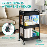 ZOES HOMEWARE 3 Tier Rolling Cart, Metal Utility Cart with 4 Hooks, Rolling Storage Cart on Wheels, Small Organizer Cart for Nursery, Kitchen, Living Room, Bathroom, Black ZOES HOMEWARE