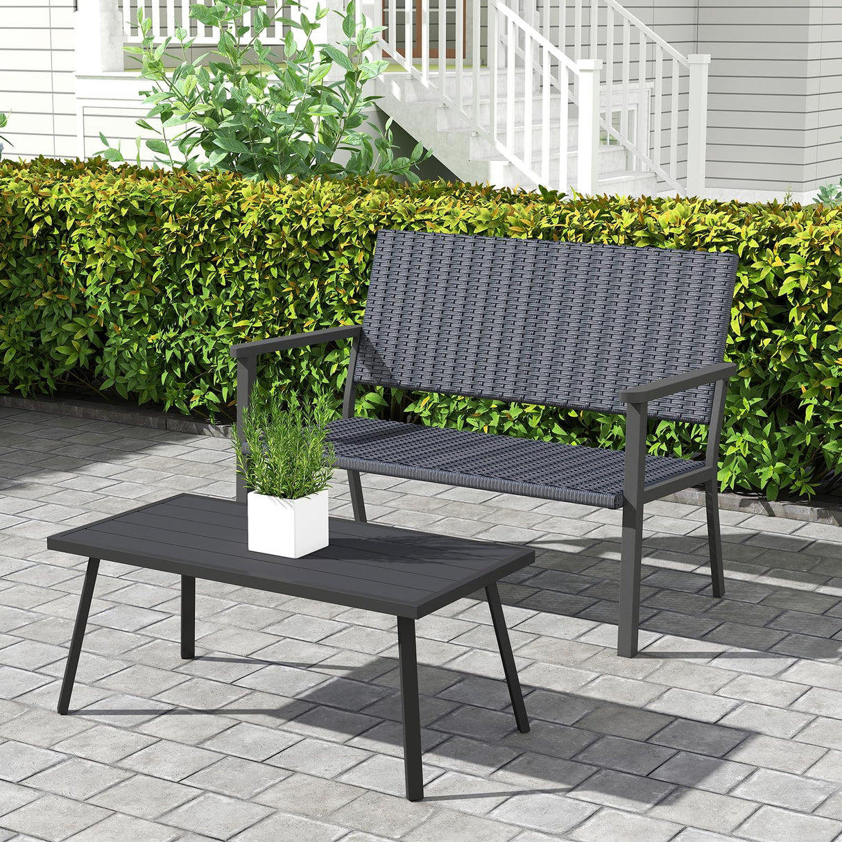 C-Hopetree Outdoor Loveseat Bench Chair for Outside Patio Porch, Metal Frame, Black All Weather Wicker C-Hopetree