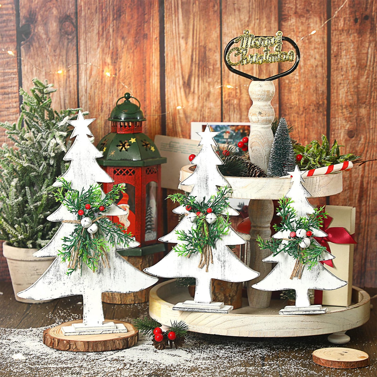 3 Pcs Wooden Christmas Tree Tabletop Decoration Farmhouse Wood Christmas Trees Christmas Centerpieces Rustic Sanding Freestanding Table with Star Berry Bells Pine Xmas Centerpiece for Home Kitchen