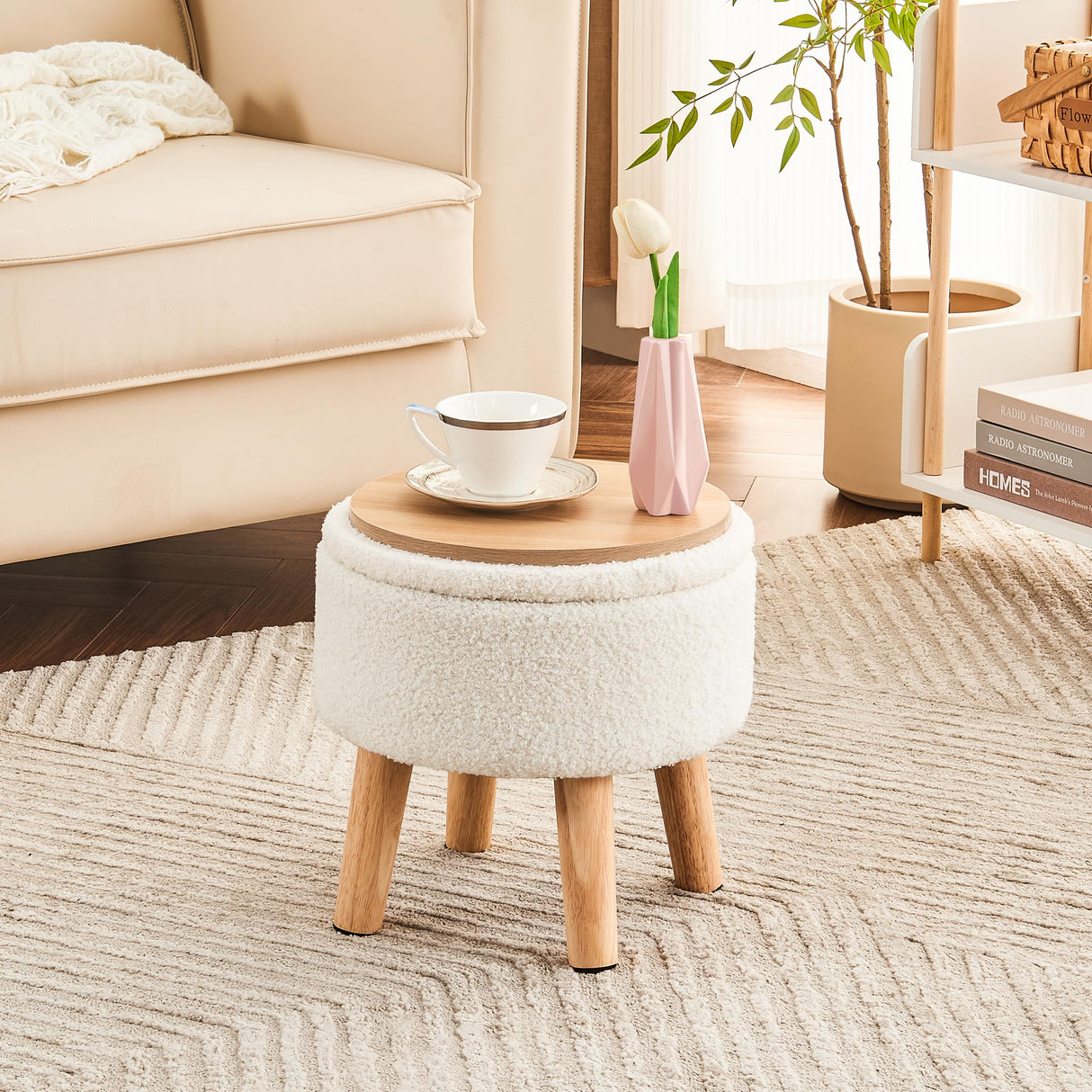 Poofzy Small Ottoman with Storage, Small Foot Stool Ottoman with Wood Legs, Sherpa Foot Rest for Couch, Living Room and Bedroom - White Poofzy