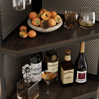 HITHOS 67" Tall Corner Bar Cabinet, Industrial Wine Bar Cabinet with Glass Holder, 6-Tier Liquor Cabinet with Adjustable Shelves, Corner Display Cabinet for Kitchen, Dining Room, Dark Brown - WoodArtSupply