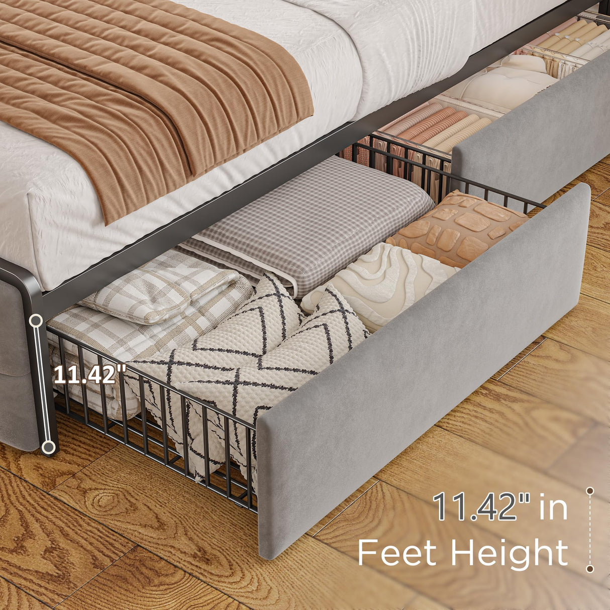 EnHomee King Bed Frame with 4 Storage Drawers King Size Bed Frame with Headboard Built in Charging Station and LED Lights, No Noise, No Box Spring Needed, Easy Assembly, Grey EnHomee