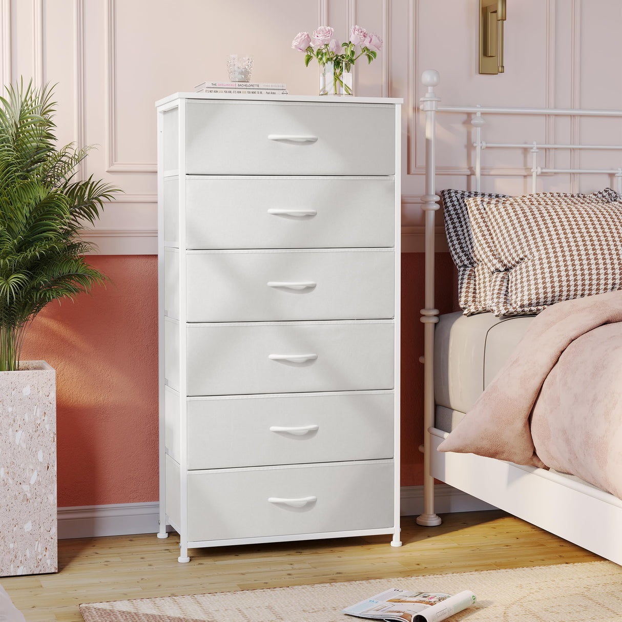 Crestlive Products Dresser for Bedroom with 6 Drawers, Tall Chest of Drawers, White Dressers Bedroom Furniture, Storage Organizer Unit with Bins for Closet, Hallway, Living Room, Entryway Crestlive Products
