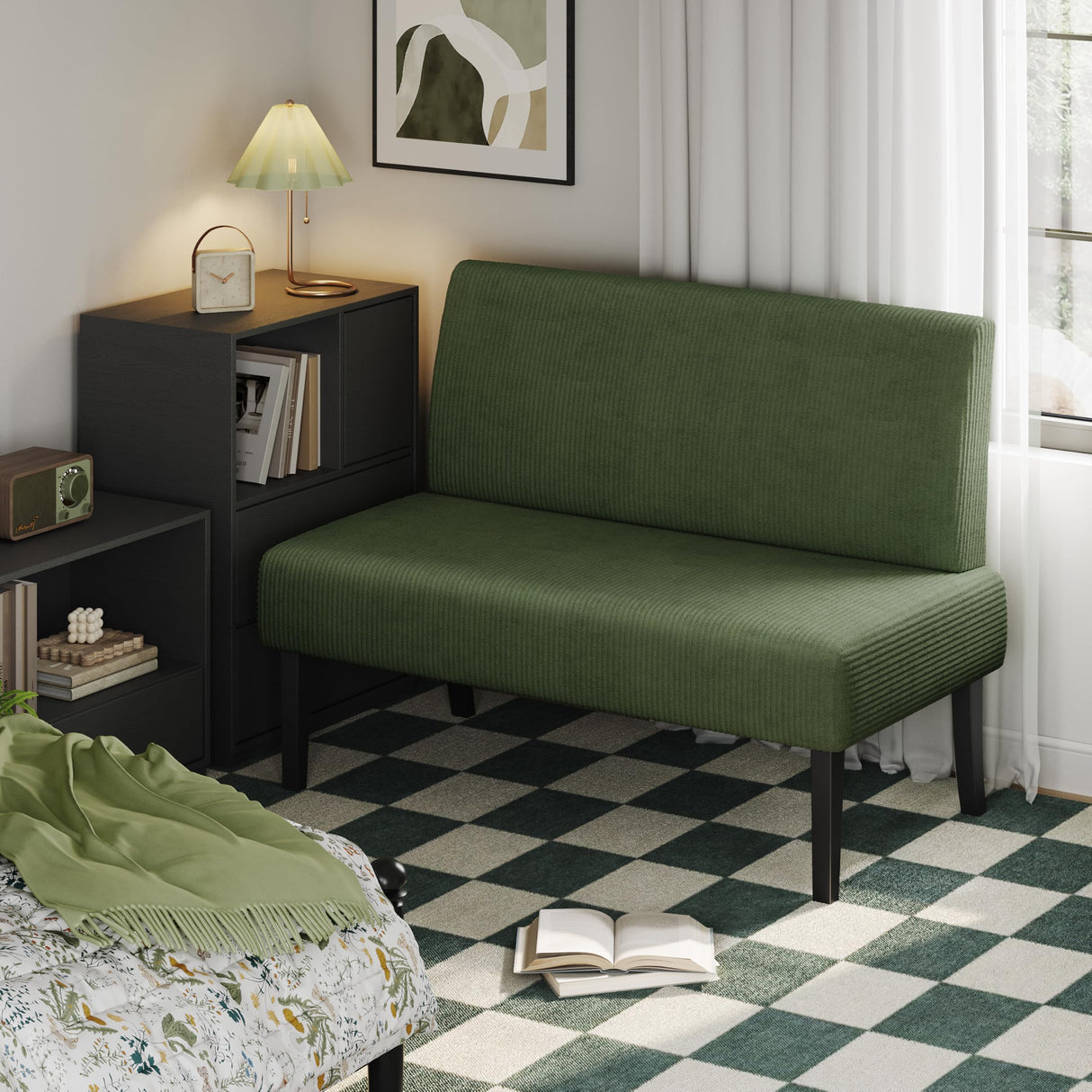 Yaheetech Small Mini Sofa Couch Armless Loveseat Futon for Bedroom, Corduroy Fabric & Easy Assembly, for Small Spaces Living Room,Dorm,Office,Apartment, Green Yaheetech