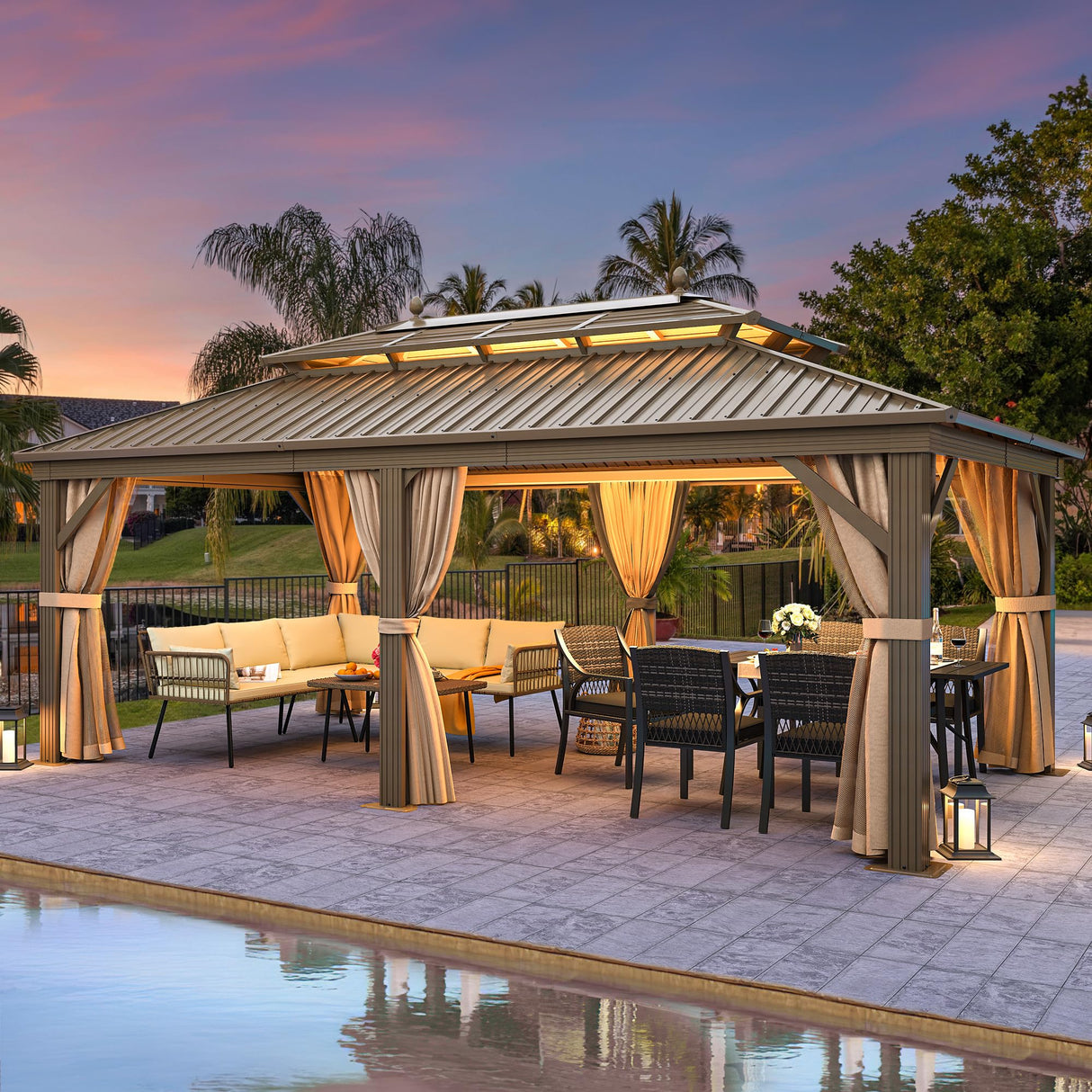 YITAHOME 12x20 ft Hardtop Gazebo with Nettings and Curtains, Outdoor Heavy Duty Aluminum Gazebo Combined of Horizontal and Vertical Stripes Roof for Patio, Backyard, Deck, Lawns and Balcony (Bronze) YITAHOME