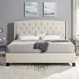 Roundhill Furniture Nantarre Fabric Tufted Wingback Upholstered Bed with Nailhead Trim, King, Tan Roundhill Furniture