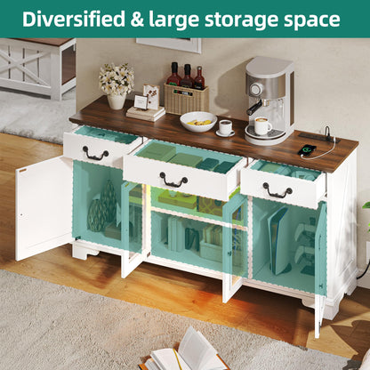 YITAHOME Buffet Sideboard Cabinet with Power Outlets & LED Light, 65" Large Farmhouse Credenza Storage Cabinet w/3 Drawers and Glass Doors, 32'' Tall Buffet Table for Kitchen, Living Room, White/Brown