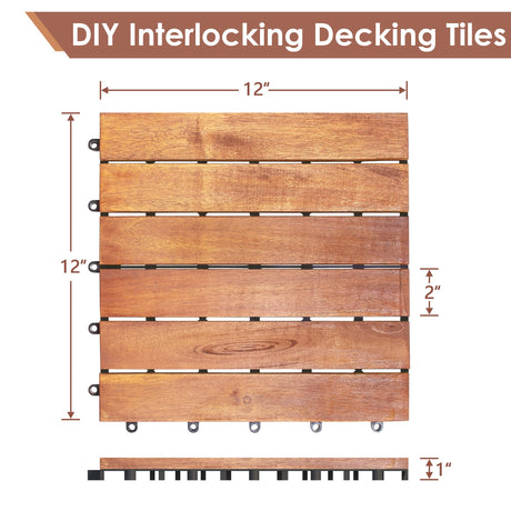 PrimeZone 54 PCS Solid Acacia Wood Interlocking Patio Deck Tiles - 12" x 12" Indoor Outdoor Waterproof Flooring Tiles for Balcony, Backyard, Garden & Poolside, All Weather Use, Natural Wood PrimeZone