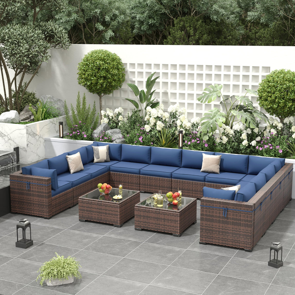 Amopatio Outdoor Patio Furniture Set, 14 Pieces PE Wicker Pit Sectional Sofa with Blue Cushions, Coffee Tables, All-Weather Covers, Patio Conversation Sets Fits Patio Deck Balcony Yard Amopatio